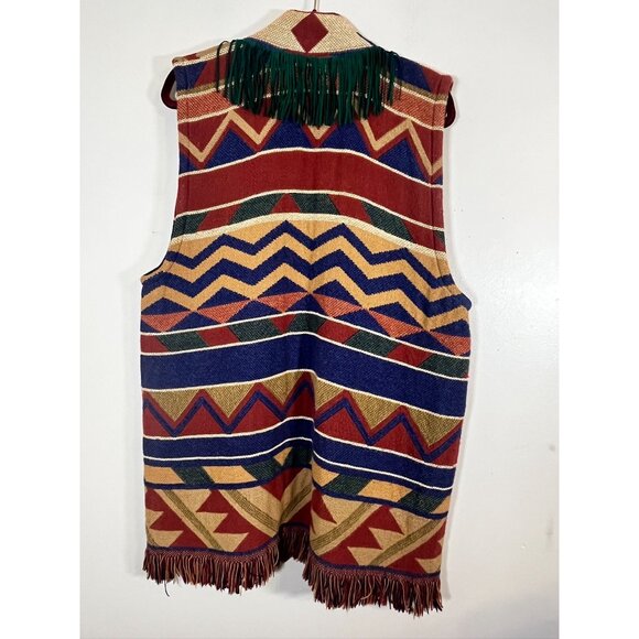 Western Striped Vest S Red Aztec Tapestry Tribal Boho Fringe Chevron Indian 70s - Picture 10 of 13